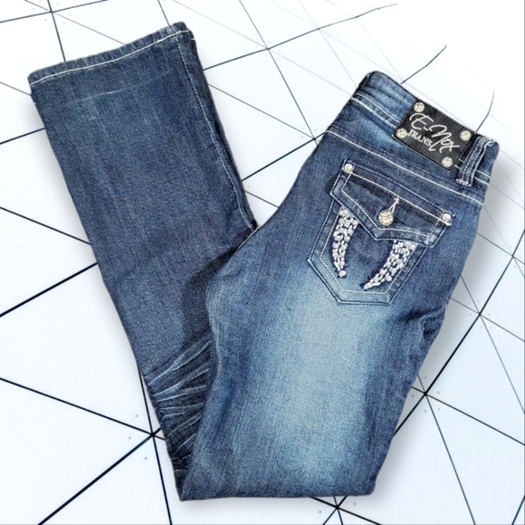 E-Nox Crystal Studded Angle Wing Pockets Mid-rise Bootcut Jeans. - Picture 1 of 7